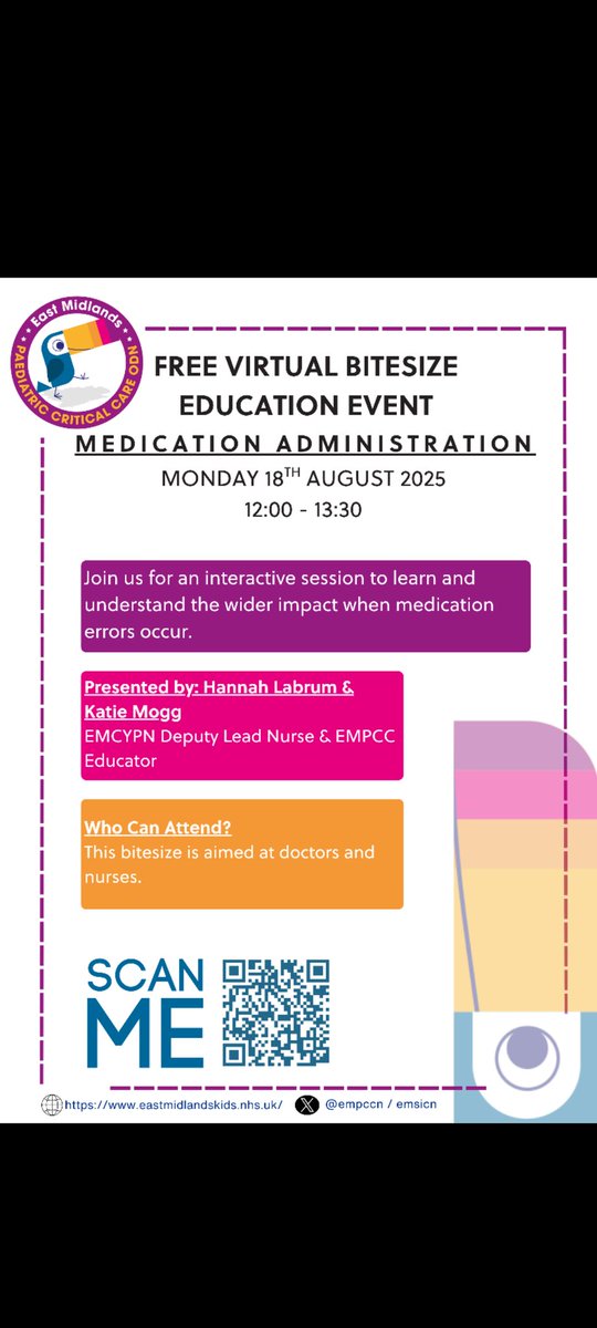 Sign up for August bitesize is now open 💊 

Join myself and <a href="/HannahLabrum/">Hannah Labrum</a> for a session on medication administration and the impact of errors

buytickets.at/eastmidlandssi…