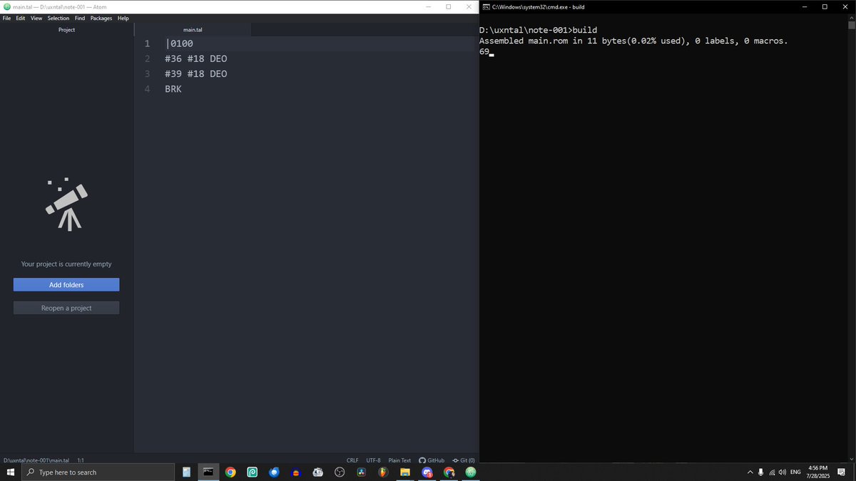 5bitcube's tweet image. Uxntal Note #1 - &quot;Print to Console&quot;

|0100
#36 #18 DEO
#39 #18 DEO
BRK

How it works:

- Begin by establishing the memory address where the program will live in RAM. It is common practice to start writing in address 0x0100, after the first 256 bytes. The previous interval,…