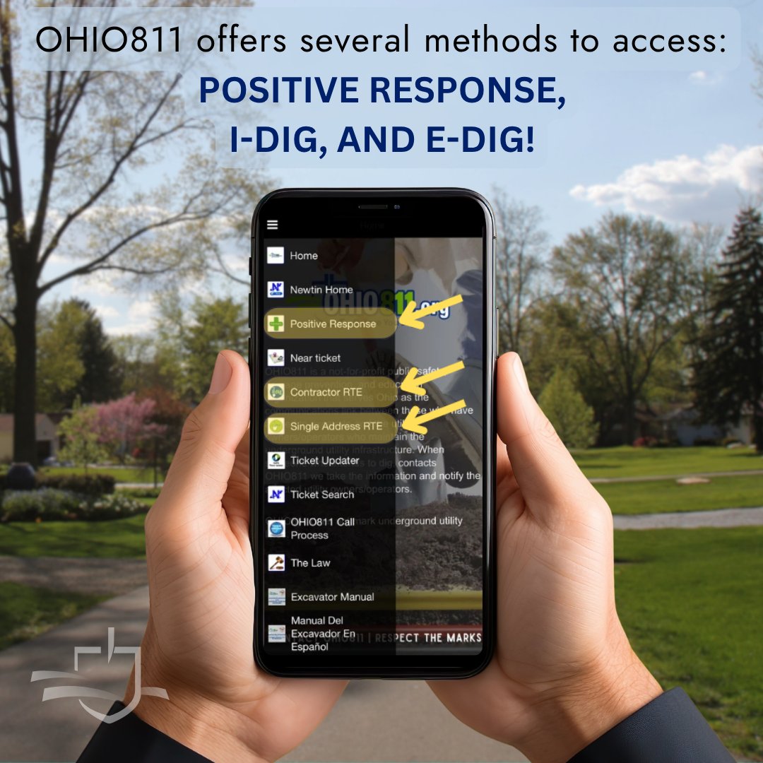 OHIO811's tweet image. Use the direct methods listed below, or download the OHIO811 Mobile App on Google Play or App Store to access these links and more!
Check Positive Response:
newtin.oups.org/newtinweb/Resp…
📷 Call 1-800-445-3894
📷 OHIO811 Mobile App
Post Positive Response:…