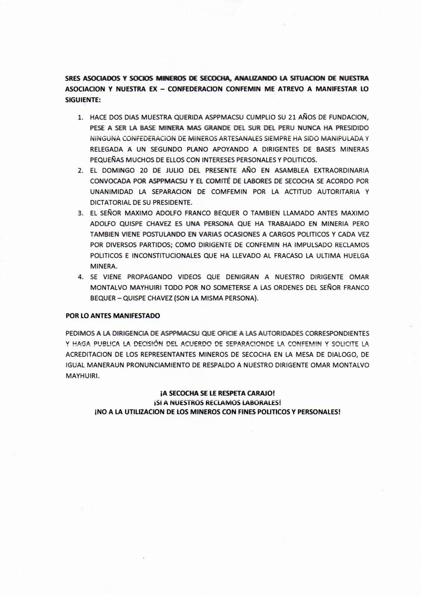 ivancio4's tweet image. Secocha, una de las bases más importantes de lo que hasta ahora es la Confemin, acaba de retirarse de dicha organización.
Denuncia que Confemin y sus dirigentes tienen “intereses personales y políticos”
Máximo Franco y los dirigentes de Pataz, hegemónicos en Confemin, han…