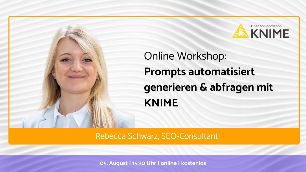 ⚡ Prompts automatisiert generieren &amp; via API mit KNIME abfragen 

Wie das geht, zeigt Rebecca Schwarz im kostenfreien Webinar am 5.8. um 15:30 Uhr mit Christopher Lindner von KNIME!

Jetzt anmelden 👉 knime.com/events/prompts… 👈 
#KNIME #OpenAI