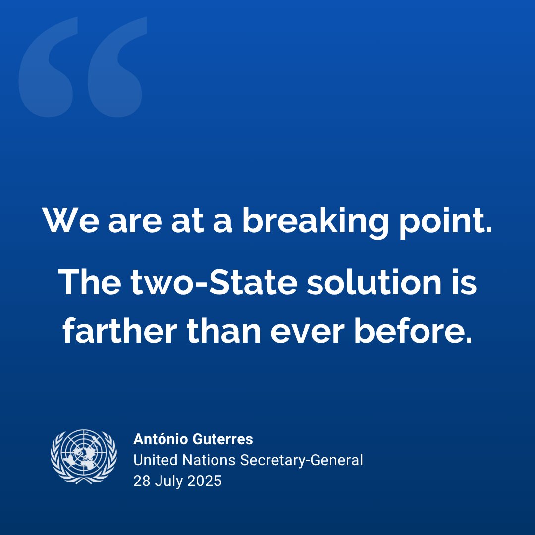 At a high-level conference on the two-State solution, <a href="/antonioguterres/">António Guterres</a> has stressed that the Israeli-Palestinian conflict is not inevitable:

”It can be resolved.
That demands political will and courageous leadership.
And it demands truth.”

un.org/sg/en/content/…