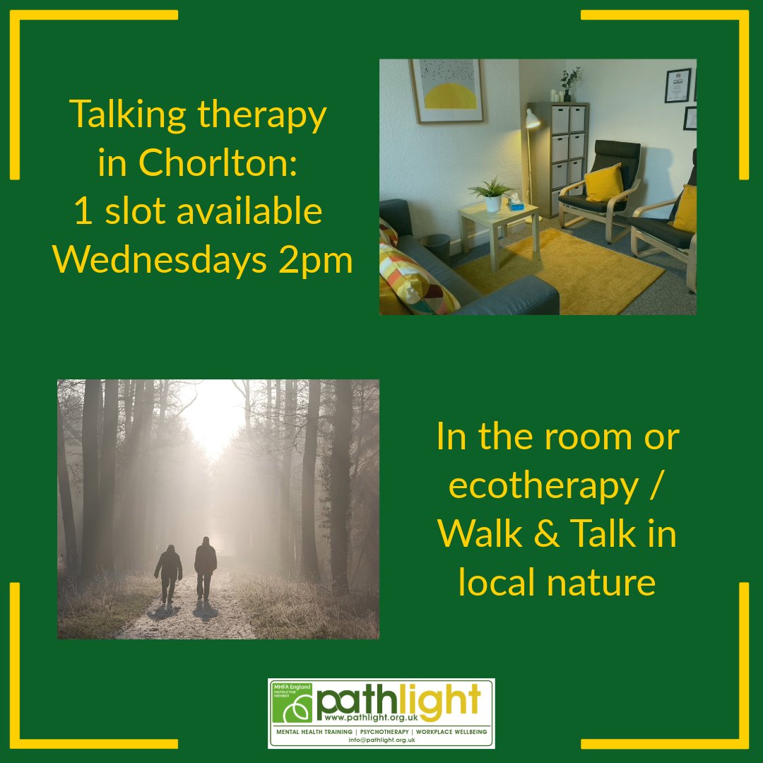 Pathlight Ltd (@pathlightltd) on Twitter photo I currently have one slot for #psychotherapy / #counselling in #Chorlton. You can choose to be in the therapy room outdoors for #ecotherapy / #WalkAndTalkTherapy
Please contact Paul to explore how we may work together:
info@pathlight.org.uk
07971 143571
#oldhamhour #manchester I currently have one slot for #psychotherapy / #counselling in #Chorlton. You can choose to be in the therapy room outdoors for #ecotherapy / #WalkAndTalkTherapy
Please contact Paul to explore how we may work together:
info@pathlight.org.uk
07971 143571
#oldhamhour #manchester