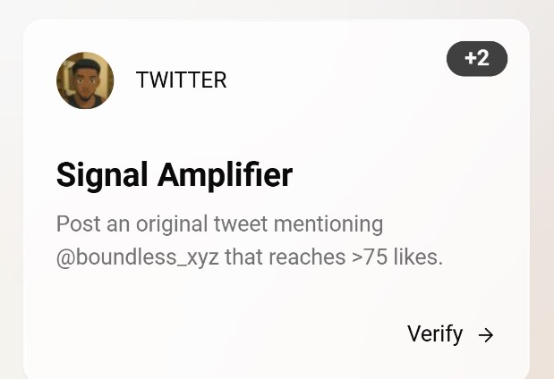 gBerry CT

The gold task for <a href="/boundless_xyz/">Boundless</a> is live, and most of it is a bit difficult to attain. 
One of the task says "post an original tweet mentioning <a href="/boundless_xyz/">Boundless</a> that reaches above 75 likes.

Like, retweet and comment. 
Boundless is for everyone.

gBerry 🍓
