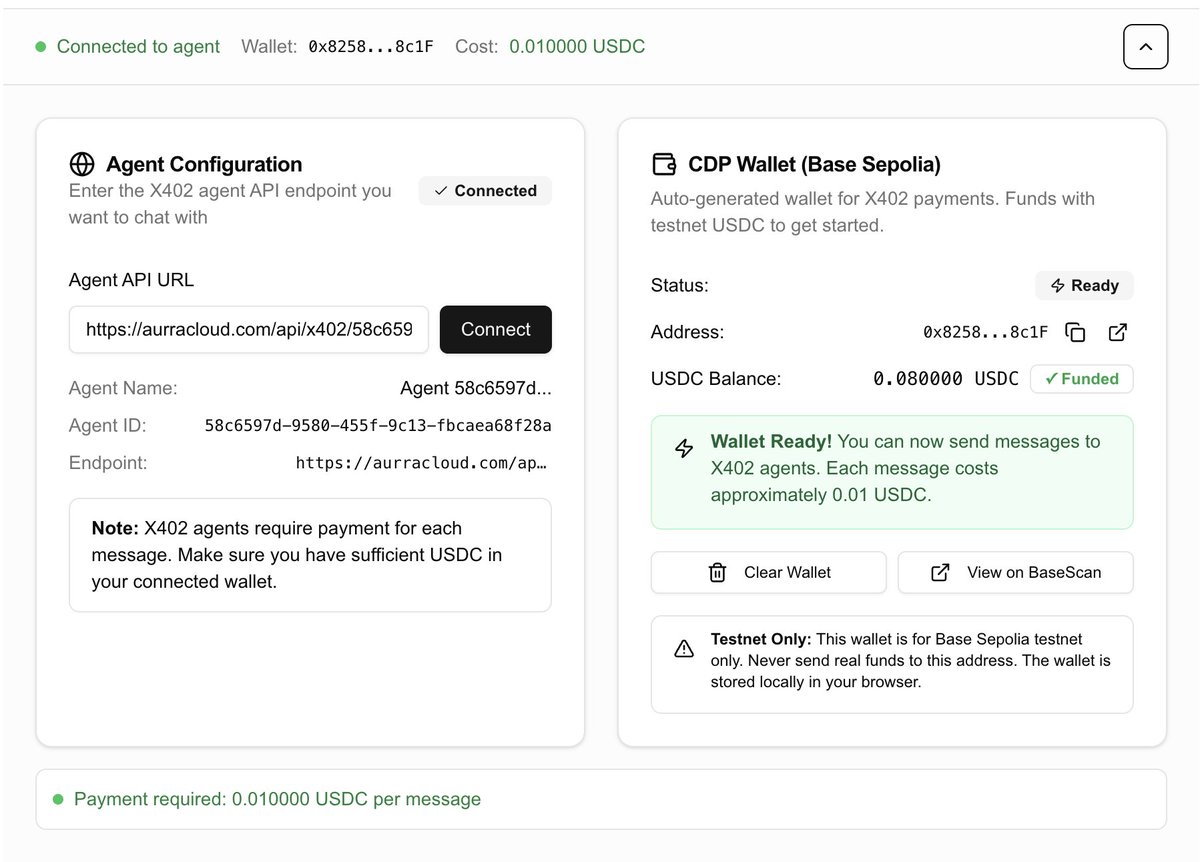 AurraCloud (@aurracloud) on Twitter photo We just enabled the x402 API for all our published agents on the <a href="/base/">Base</a> Sepolia testnet. This allows pay-per-message for every Aurra agent, enabling them to earn revenue directly by providing value. No signup or account needed—just some USDC, and you're set.
When <a href="/CoinbaseDev/">Coinbase Developer Platform🛡️</a> We just enabled the x402 API for all our published agents on the <a href="/base/">Base</a> Sepolia testnet. This allows pay-per-message for every Aurra agent, enabling them to earn revenue directly by providing value. No signup or account needed—just some USDC, and you're set.
When <a href="/CoinbaseDev/">Coinbase Developer Platform🛡️</a>