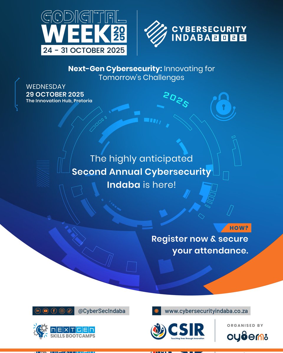 OurCyberM8's tweet image. You've had a sneak peek into GoDigital Week 2025! Don't miss the Second Annual Cybersecurity Indaba on October 29th, The Innovation Hub, Pretoria. Innovate for Tomorrow's Challenges. Secure your spot: cybersecurityindaba.co.za/tickets