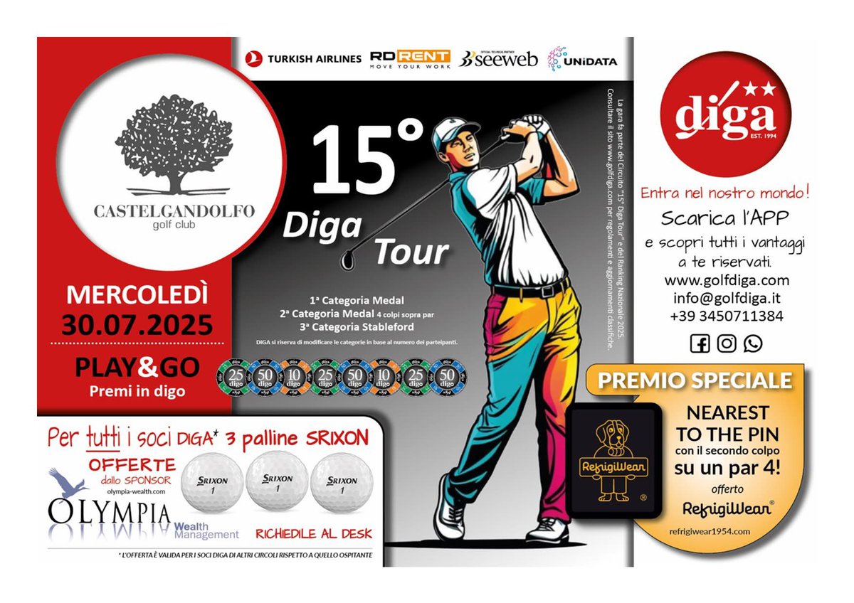 Castelgolf's tweet image. Le gare di questa settimana 🤩 Mercoledì 30 Luglio 15° DIGA TOUR gara su 18 buche stableford 💪 Sabato 2 Agosto TGOLF TOUR 2025 gara 18 buche stableford a 3 categorie 🔝 Domenica 3 Agosto INFINITUM GOLF TROPHY gara 18 buche stableford a 3 categorie 🤩 Iscrizioni Aperte☎️