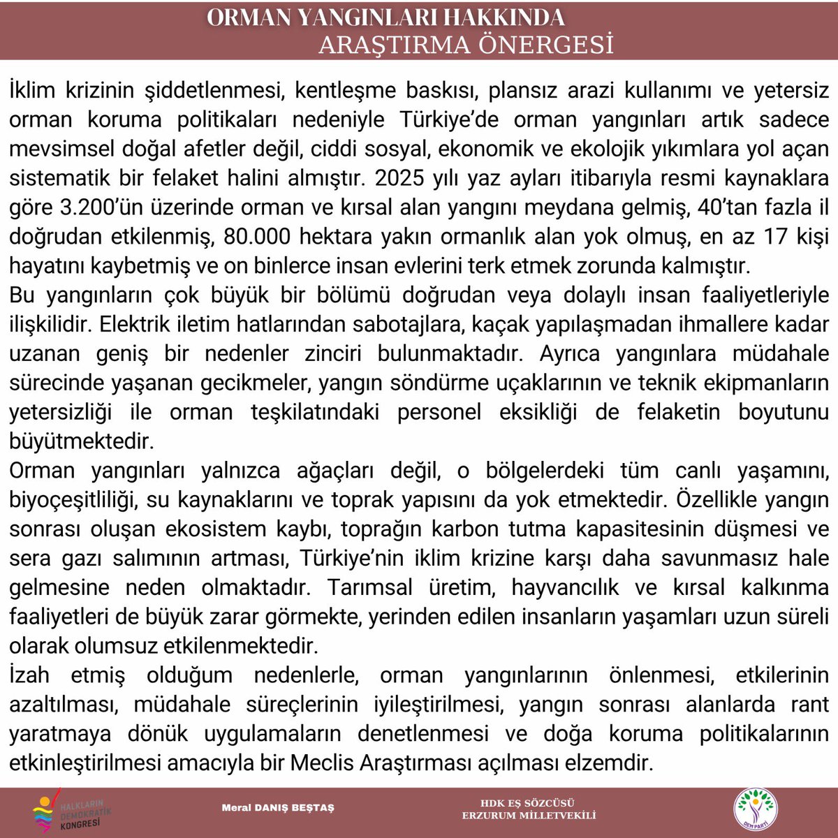 meraldanis's tweet image. Her yaz aynı kabusu yaşıyoruz: Ormanlar yanıyor, ciğerlerimiz yanıyor, sorumlular ise hala aynı tonda konuşup çözüme dair adım atmıyor.
Daha fazla sustukça doğa susuyor, yaşam yok oluyor.
Bu konuda TBMM’ye hem soru hem araştırma önergesi verdik.
Meselenin her daim takipçisiyiz;…