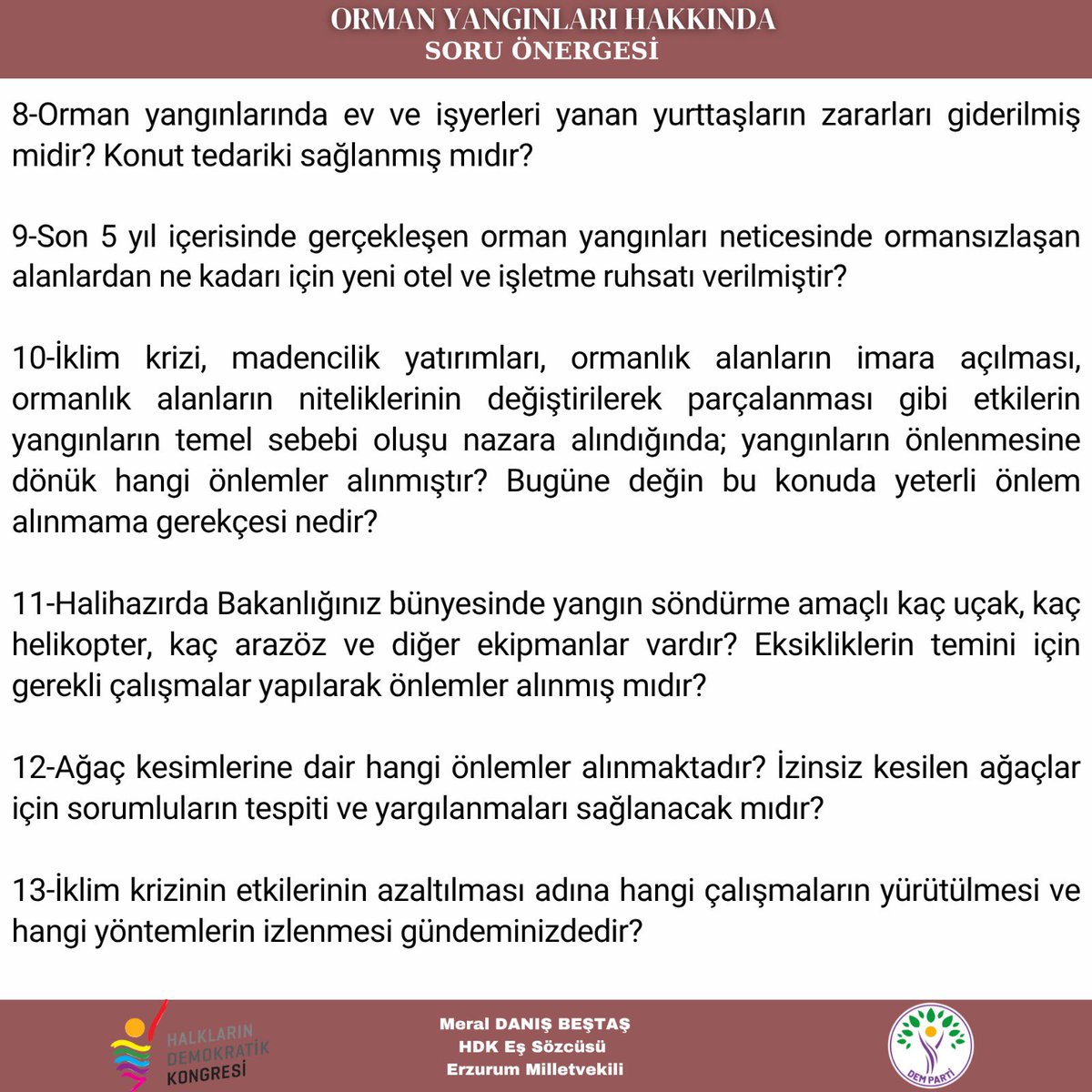 meraldanis's tweet image. Her yaz aynı kabusu yaşıyoruz: Ormanlar yanıyor, ciğerlerimiz yanıyor, sorumlular ise hala aynı tonda konuşup çözüme dair adım atmıyor.
Daha fazla sustukça doğa susuyor, yaşam yok oluyor.
Bu konuda TBMM’ye hem soru hem araştırma önergesi verdik.
Meselenin her daim takipçisiyiz;…