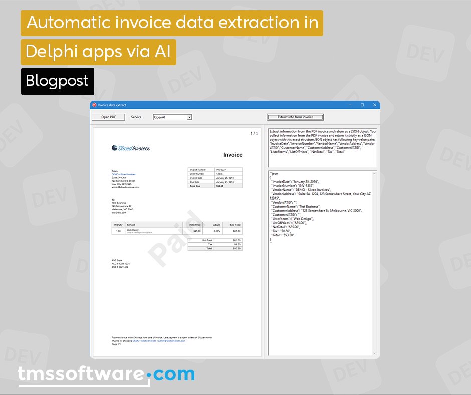 TMSsoftwareNews's tweet image. Wish your Delphi app could read invoice PDFs 🧾? With TMS AI Studio + OpenAI/Gemini/Claude, extract invoice data easily—no complex parsing or OCR needed!
Read more 👇
tmssoftware.com/site/blog.asp?…