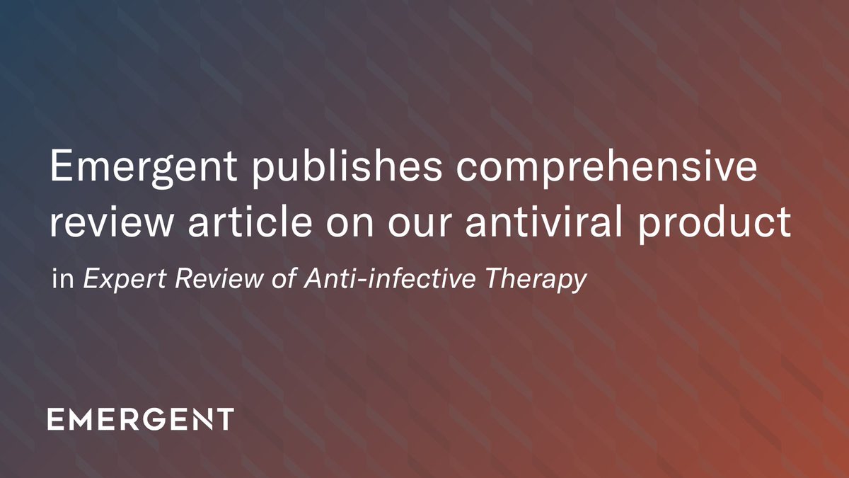Emergent has announced the publication of a comprehensive review article on our antiviral product, in the peer-reviewed journal, Expert Review of Anti-infective Therapy. Read more: investors.emergentbiosolutions.com/news-releases/…