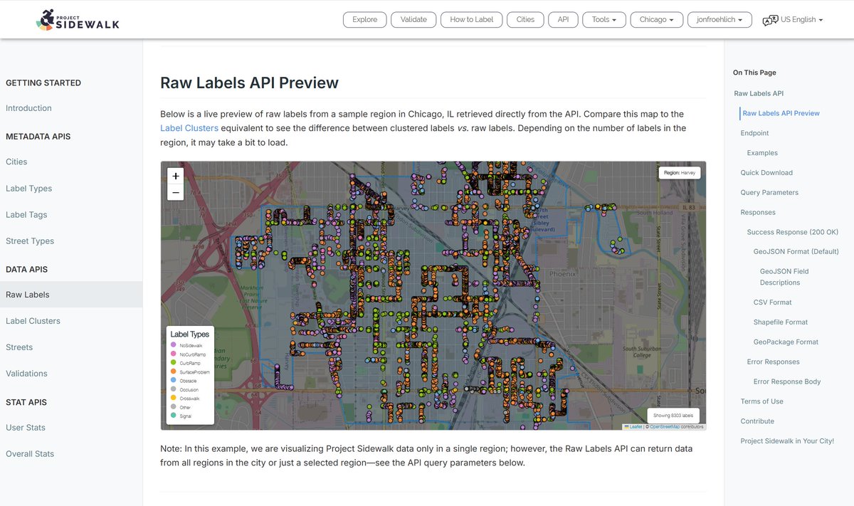 projsidewalk's tweet image. 📢We've completely redesigned our API pages! It's never been easier to:
✔️ Download data in CSV, GeoJSON, or Shapefiles.
✔️ Access data programmatically through our revised API.
✔️ Build tools that champion accessibility & improve urban mobility.
sidewalk-chicago.cs.washington.edu/api
