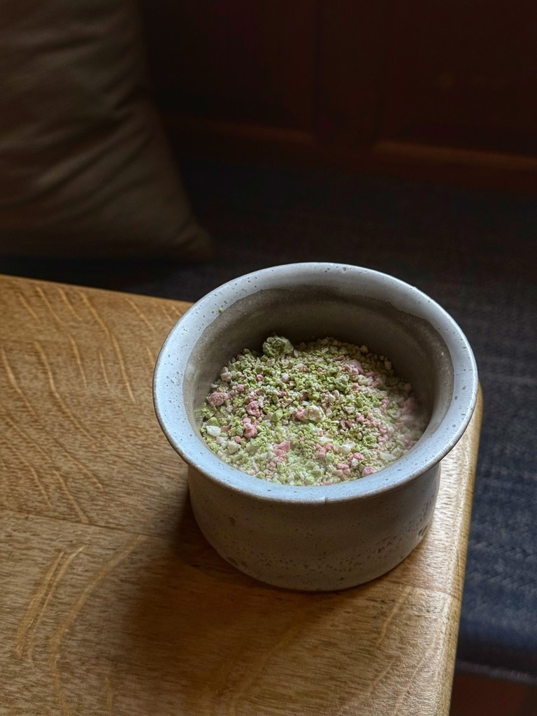 Our dessert is a true celebration of the British strawberry, featuring beautiful fruit supplied by Annabel's Deliciously British. Our chefs showcase it in several forms—dehydrated, turned into a vibrant granita, and crisp strawberry tuile.