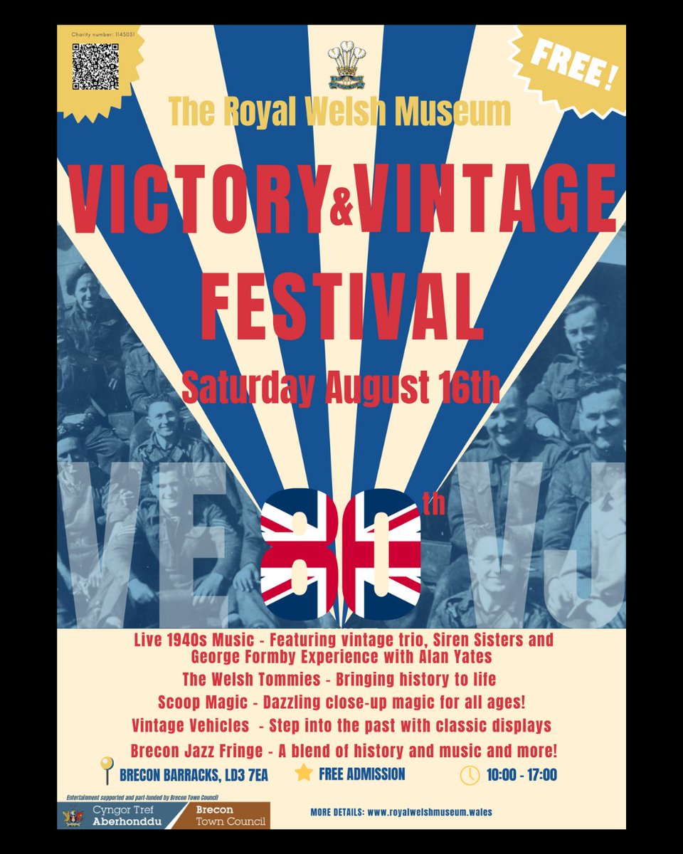RW_Museum's tweet image. 🎉 Celebrate 80 years since the end of WW2 with us on Sat 16 Aug!
Enjoy a free, family-friendly day with:
🎶 Live music
🍔 Tasty food
🚗 Vintage vehicles
🪄 A touch of magic!
#WW2Anniversary #FreeEvent #FamilyFun #1940sCelebration
