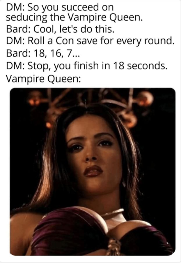 GaryD20Games's tweet image. Based off of the Vampire Queens facial expression, what's this Bard's fate? 🤔😬