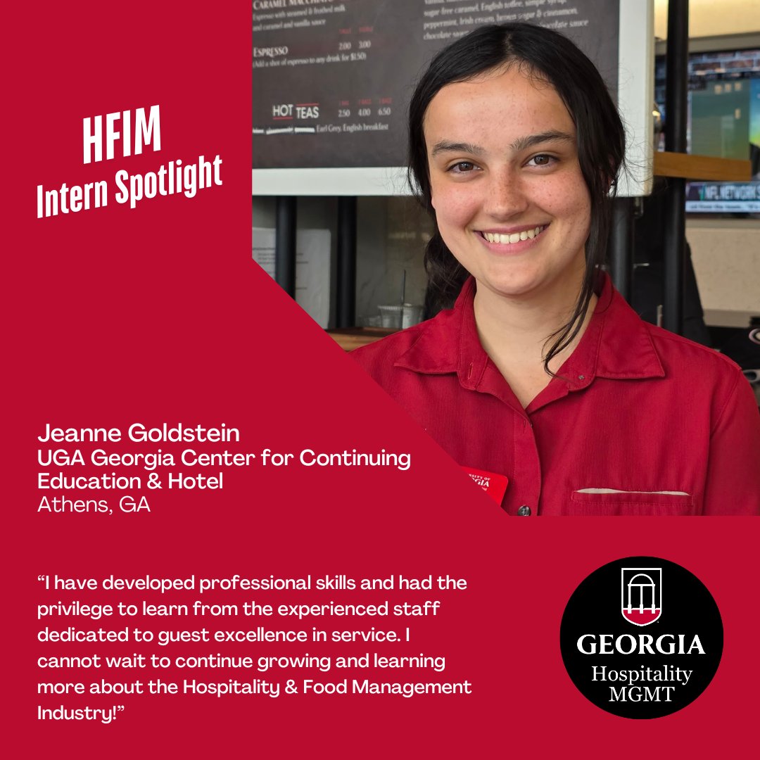 Jeanne Goldstein wrapped up her F&amp;B internship at UGA’s Georgia Center with hands-on experience in banquets, bistro, and behind the line with chefs. Her passion for hospitality shines—she’s staying on this fall! #HFIMSpotlight #UGAInternships #HospitalityLeadership
