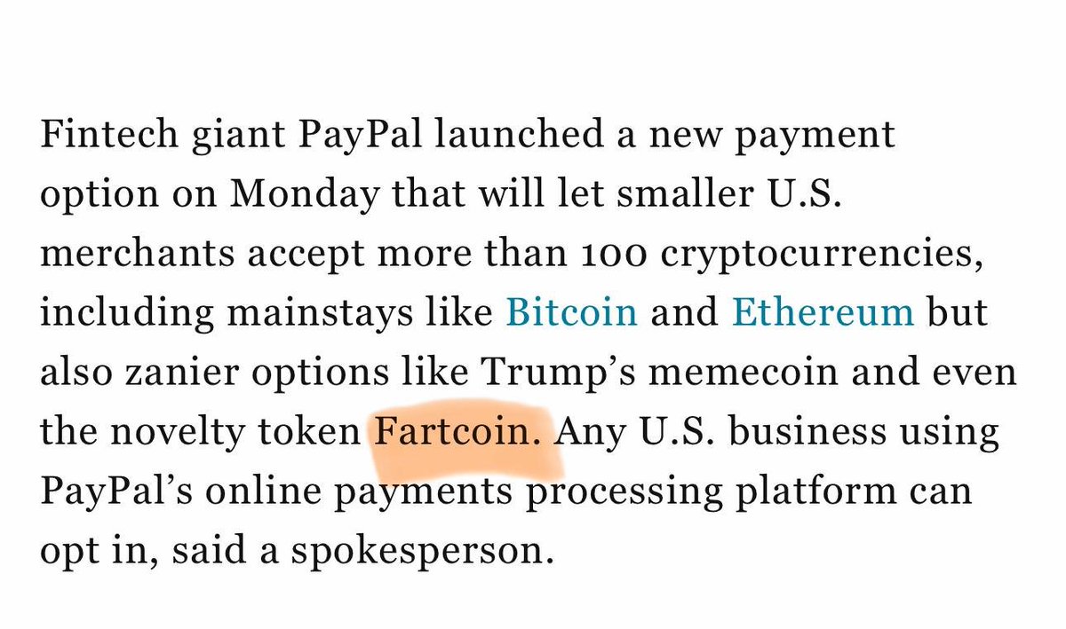 #paypal #ethereum #fartcoin

PayPal to let U.S. merchants accept payment in more than 100 cryptocurrencies