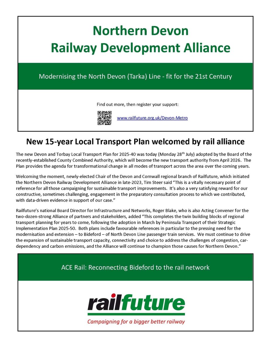 New 15-year Local Transport Plan welcomed by rail alliance.
Regional branch Chair: "This is a vital point of reference for all those campaigning for sustainable transport improvements."
Alliance Convener: "This completes the twin building blocks of regional transport planning."