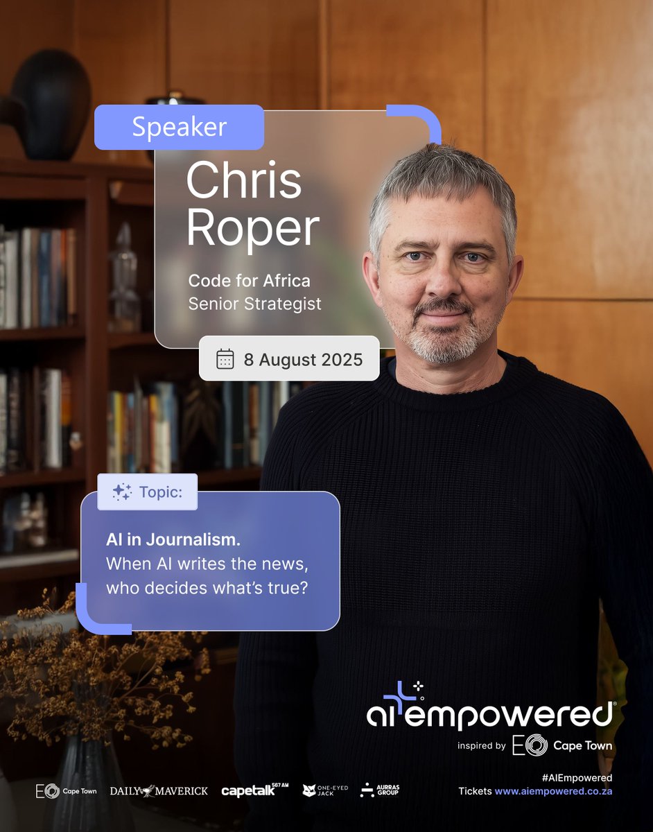 Code4Africa's tweet image. 🤖When AI writes the headlines, who controls the truth?
@Code4Africa’s deputy CEO, @ChrisRoper joins journalist Karen Allen at #AIEmpowered to unpack bias and identity in AI-powered journalism.
📍8 August 2025 | CTICC, Cape Town
🎟️ Book now: aiempowered.co.za