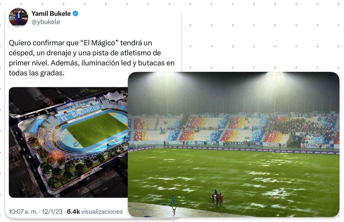 ElTrompudo2022's tweet image. 📢 YAMIL BUKELE MINTIÓ: al estadio Mágico González le inyectaron millones de dólares y el "drenaje de primer nivel no existe"‼️
El cesped se inundó anoche!
💥 ¡Tormenta chayotera desenmascara el “drenaje de primer nivel”! 🌧️⚽️
Anoche, el recién remodelado estadio Jorge…