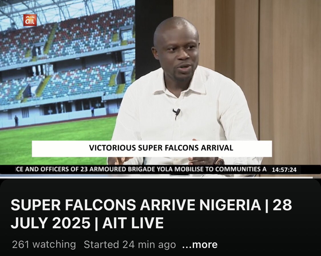 MrAlaboRoland's tweet image. Couldn’t make it to the airport, to welcome our victorious @NGSuper_Falcons , but I made it to the studios of @AIT_Online to give an in-depth analysis of how the girls performed!! Watch full video : youtube.com/live/wgNhlU81f…