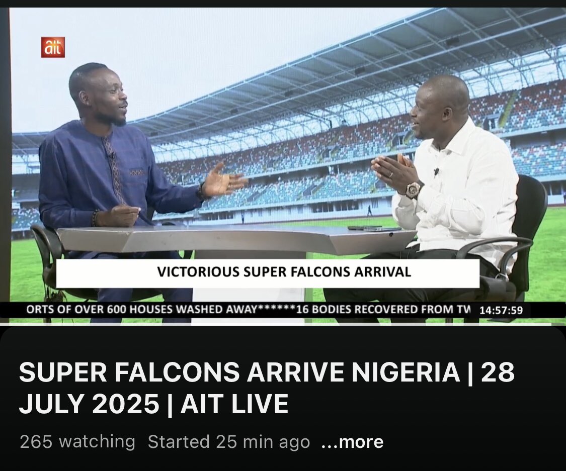 MrAlaboRoland's tweet image. Couldn’t make it to the airport, to welcome our victorious @NGSuper_Falcons , but I made it to the studios of @AIT_Online to give an in-depth analysis of how the girls performed!! Watch full video : youtube.com/live/wgNhlU81f…