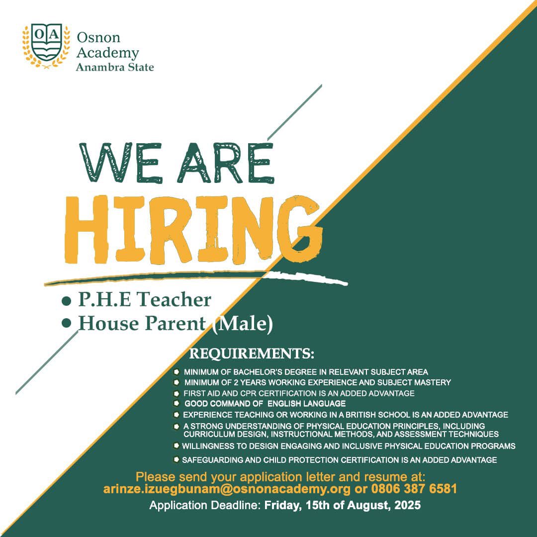 We are hiring!

Osnon Academy is hiring a House parent and a Physical and Health Education teacher.

Apply now and take the next step in your career.p you