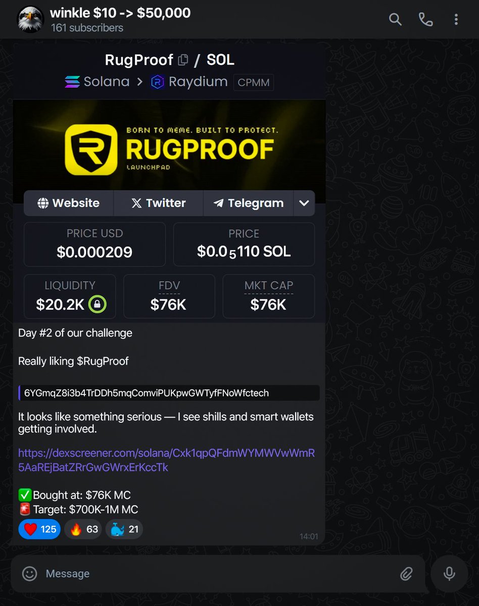 Day #2 of the $10 - $50,000 Challenge

Today we caught #RugProof
Sold at $1.5M MC - 18x

Current balance: $5,021
I’ve added 161/350 people

If you want to join us:

Like &amp; retweet this post
Comment "😈"
Must be following

Only my followers will be accepted.