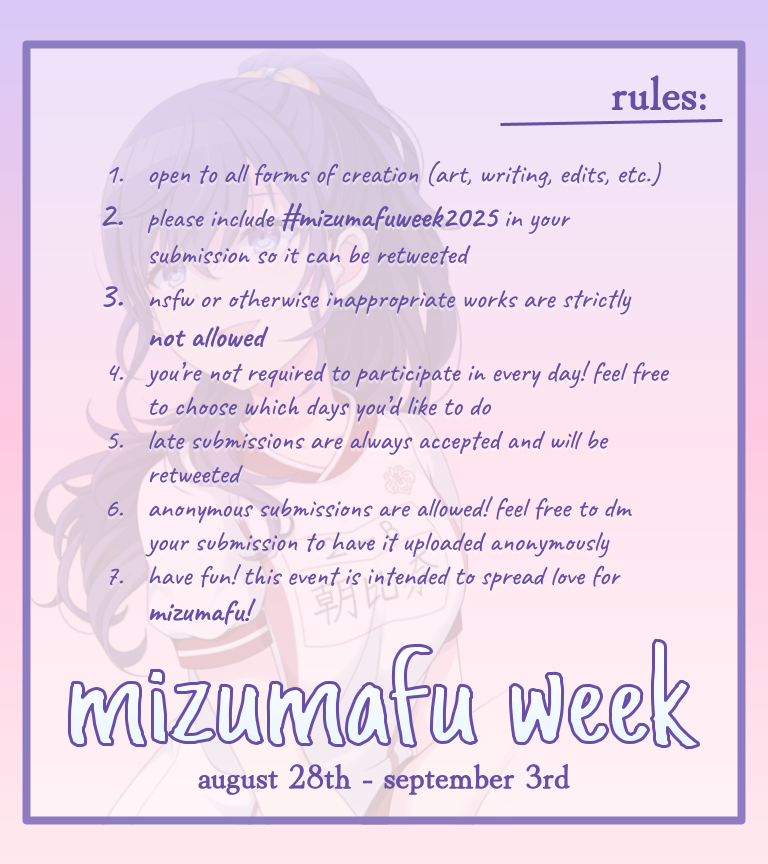 here is the prompt list for this year’s mizumafu week! it runs from august 28th to september 3rd. feel free to ask questions!

#mizumafuweek2025 🎀❄️