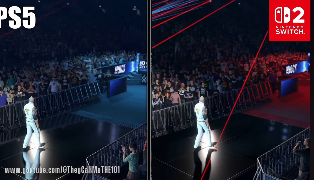 GamerStyle1980's tweet image. No huge cuts they say, well just a few seconds into the video you can already see reflections, shadows, lighting and banners are missing you can also see the Switch 2 runs a lower resolution