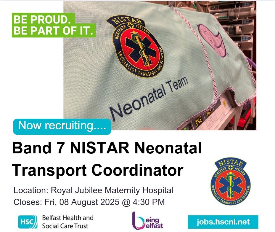 Belfast Trust Jobs (@bhsctjobs) on Twitter photo 📢We are recruiting for a Band 7 NISTAR Neonatal Transport Co-Ordinator
⏳Closing date is Fri 08 August 2025@4.30pm
📎 For more details and to apply, visit: bit.ly/4mk528i 📢We are recruiting for a Band 7 NISTAR Neonatal Transport Co-Ordinator
⏳Closing date is Fri 08 August 2025@4.30pm
📎 For more details and to apply, visit: bit.ly/4mk528i