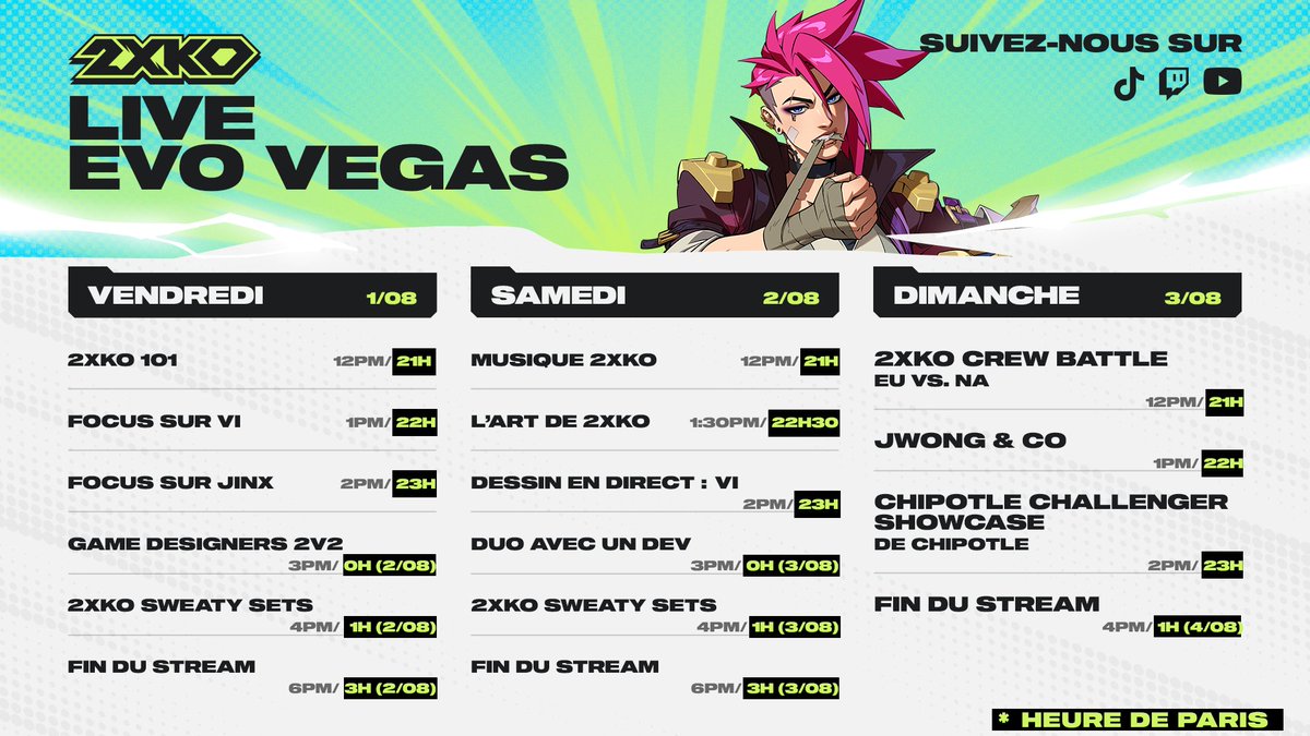 regardez l’evo depuis chez vous, suivez 2xko en live depuis vegas ! 

ne manquez pas la première du journal des développeurs consacré à vi, le vendredi 1er août à 21h00 (heure française). connectez-vous sur tiktok, youtube et twitch.