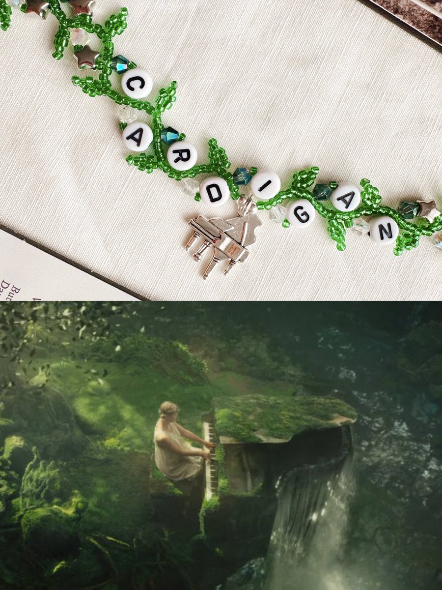 Friendship bracelet inspired by Cardigan music video.
I hope you can appreciate how the crystal beads mimic the water seeping through the piano 😌