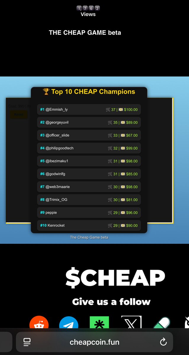 GOLDENAGEPUMP's tweet image. TOP 10 $CHEAP Champions 🏆 🎮 🍌

@Emmish_ly 
@georgeyuvil 
@officer_slide 
@Philipgoodtech 
@ibezimaku1 
@godwinlfg 
@web3maarie 
@Trimix_OG 
@Peppie 
@kennrocket 

Game link- cheapcoin.fun/thecheapgame

CONGRATULATIONS Winners!

 Champs! Drop your $sol wallets below 👇