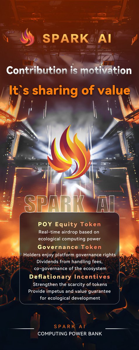 SparkAIPro's tweet photo. Spark AI introduces a value-driven token system where contribution fuels motivation.
Real-time airdrops via POY Equity Tokens, platform governance through token holding, and deflationary incentives ensure long-term ecological growth.
#SparkAI #POY #Web3Computing https://t.co/seiP6oAssN