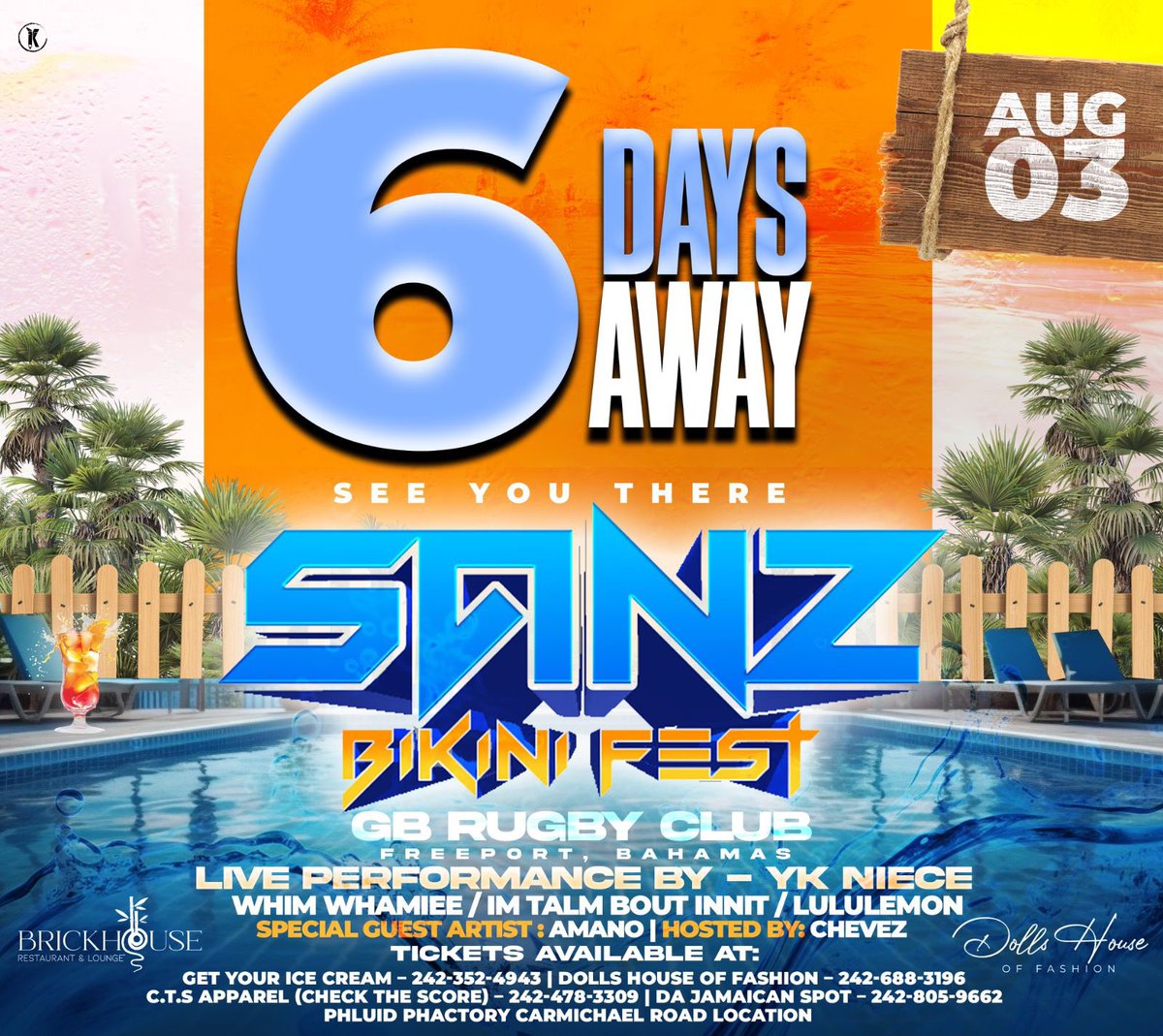 🔥 Sanz Bikini Fest is just 6 days away!
📅 Sunday, Aug 3 | 📍 GB Rugby Club
Vibes. Music. Sunshine. You don’t wanna miss it! 👙🎶🌞
#SanzBikiniFest #6DayCountdown 💃🏾🔥