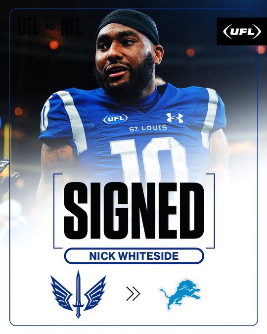 United Football League (@theufl) on Twitter photo St. Louis ➡️ Detroit
Nick Whiteside officially signs with the <a href="/Lions/">Detroit Lions</a>.
#UFLtoNFL St. Louis ➡️ Detroit
Nick Whiteside officially signs with the <a href="/Lions/">Detroit Lions</a>.
#UFLtoNFL