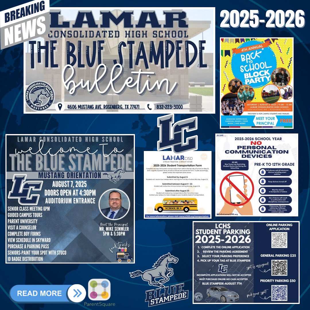 THELamarCHS's tweet image. π΄ Itβs a new year, Mustangs!
π° The 2025β2026 Blue Stampede Bulletin is packed with everything you need to know.
π² Log into Parent Square & check it out now!
#bluestampede #campusnews