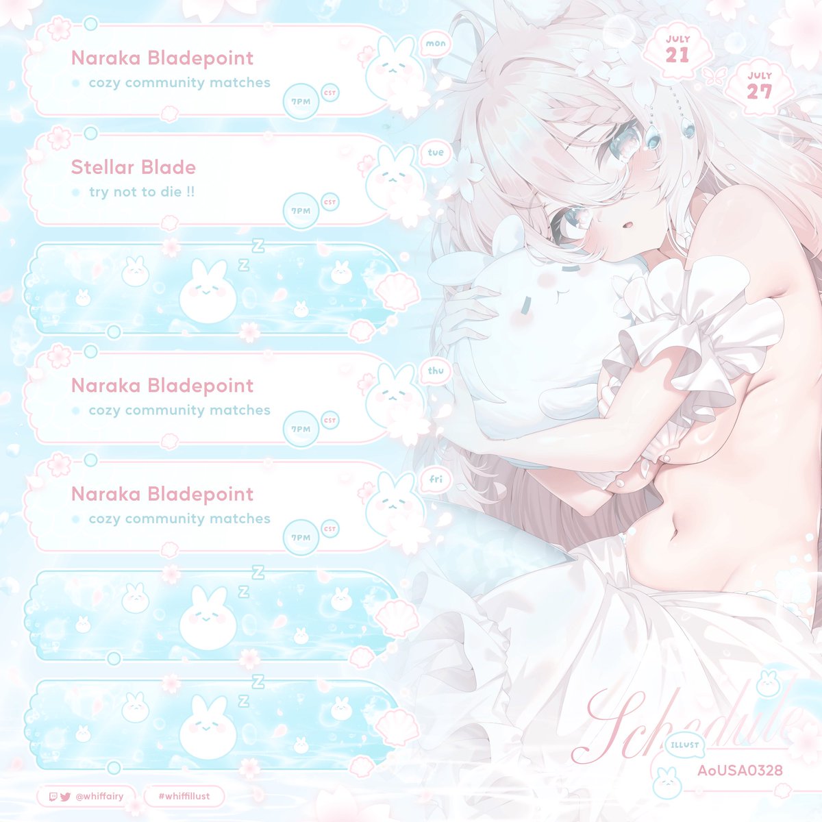 whiffairy's tweet image. schedule for the week ໒꒰ྀི⸝⸝´ ˘ `⸝꒱ྀིა bubble bunnies !! 🫧🌸
