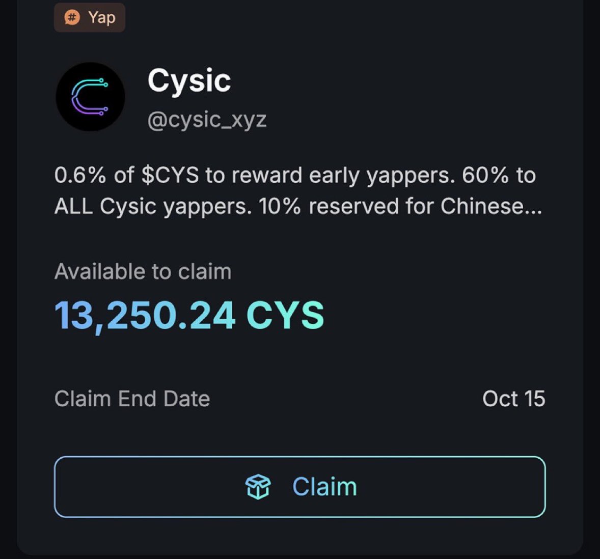 TIZZYFUNDZ247's tweet image. My Retirement plan this cycle:
→ yapping about @cysic_xyz
→ Connect with all Cysic yappers
→ Make friends so you don’t win alone
→ Mainnet launches Soon.
→ We retire 5-6 with $CYS
Speak into existence and pass it on 🫵🏾