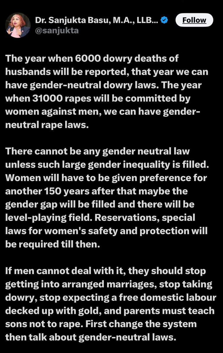 Rads0071's tweet image. This woman wishes 6000 murders of husband / boyfriends , 31000 rapes of boys only then will she support gender neutral laws.

Somebody must ask this young lady, what will a woman bring to the table in a relationship ?

Her body ? 

Cognitive dissonance is a pandemic among Indian…