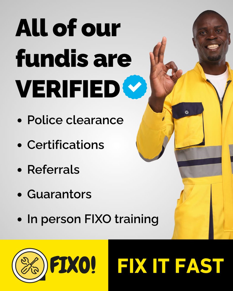 FixoSolutions's tweet image. At FIXO we’ve done the homework for you. Get connected to verified and professional handymen everytime!
📲 WhatsApp “Hi” to 0790 222 777 to get a verified fundi today.
Fixo! – Fix it Fast!🔗 fixosolutions.com
WhatsApp 🔗: wa.me/message/FYUNLL…
#FundiCheck #KenyanHomes