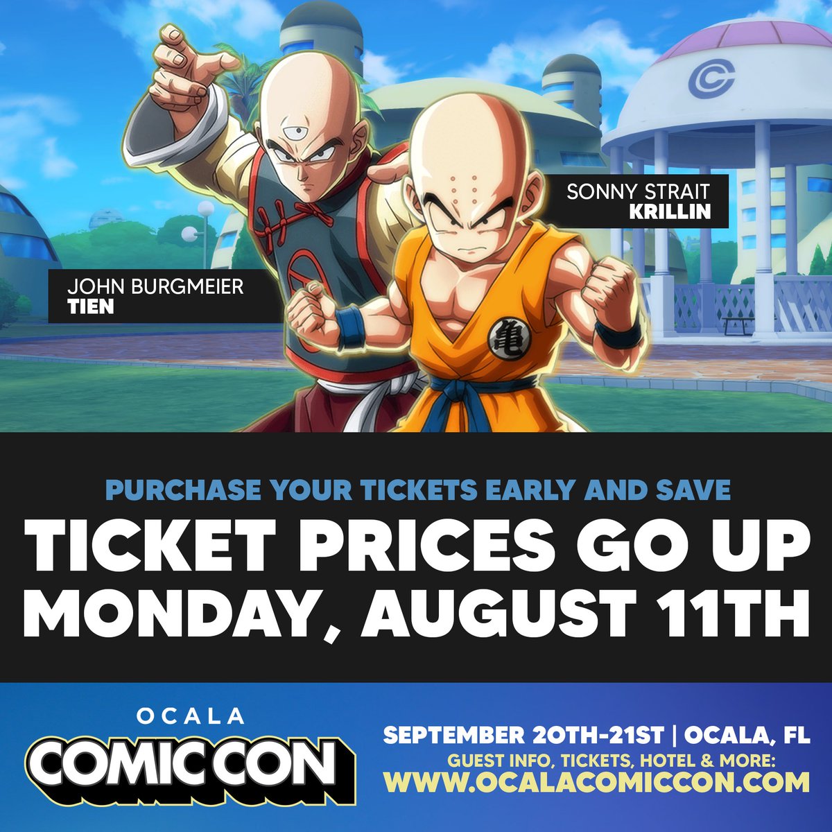 OcalaComicCon's tweet image. Ocala Comic Con returns on September 20-21, 2025 in Ocala, Florida!
Meet stars from #DragonBallSuper! Sonny Strait #Krillin and John Burgmeier #Tien will be attending!
To view the current guest list and pre-order tickets, please visit: ocalacomiccon.com