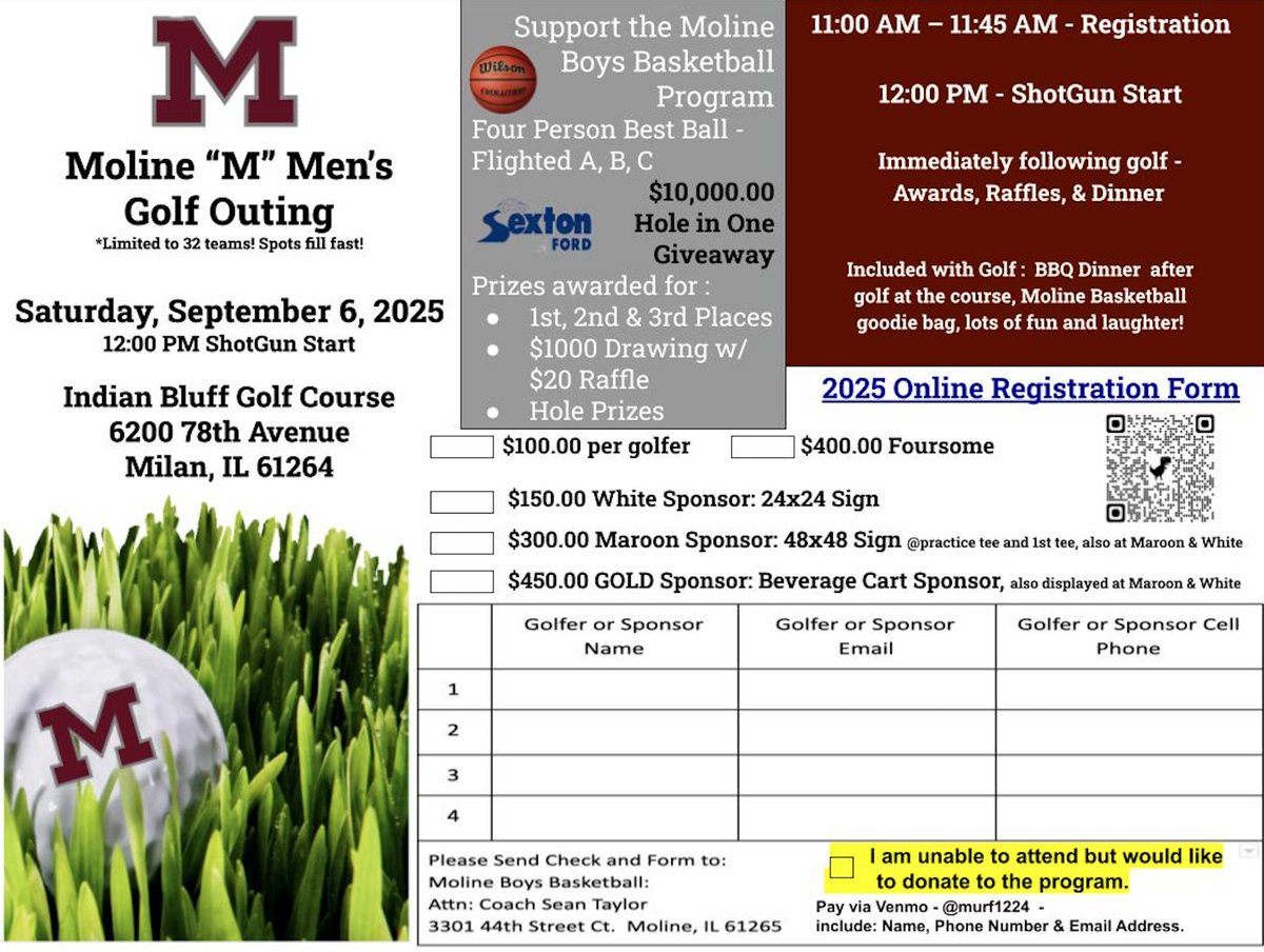 Moline "M" Men's Golf Outing is just around the corner!  Register today!
*Note the change in course and time.
Saturday, September 6th
Indian Bluff Golf Course
12:00 Shotgun start
Register using this link or with the flyer below!
forms.gle/3UswBybKkPeJwW…
See you all at the course!
