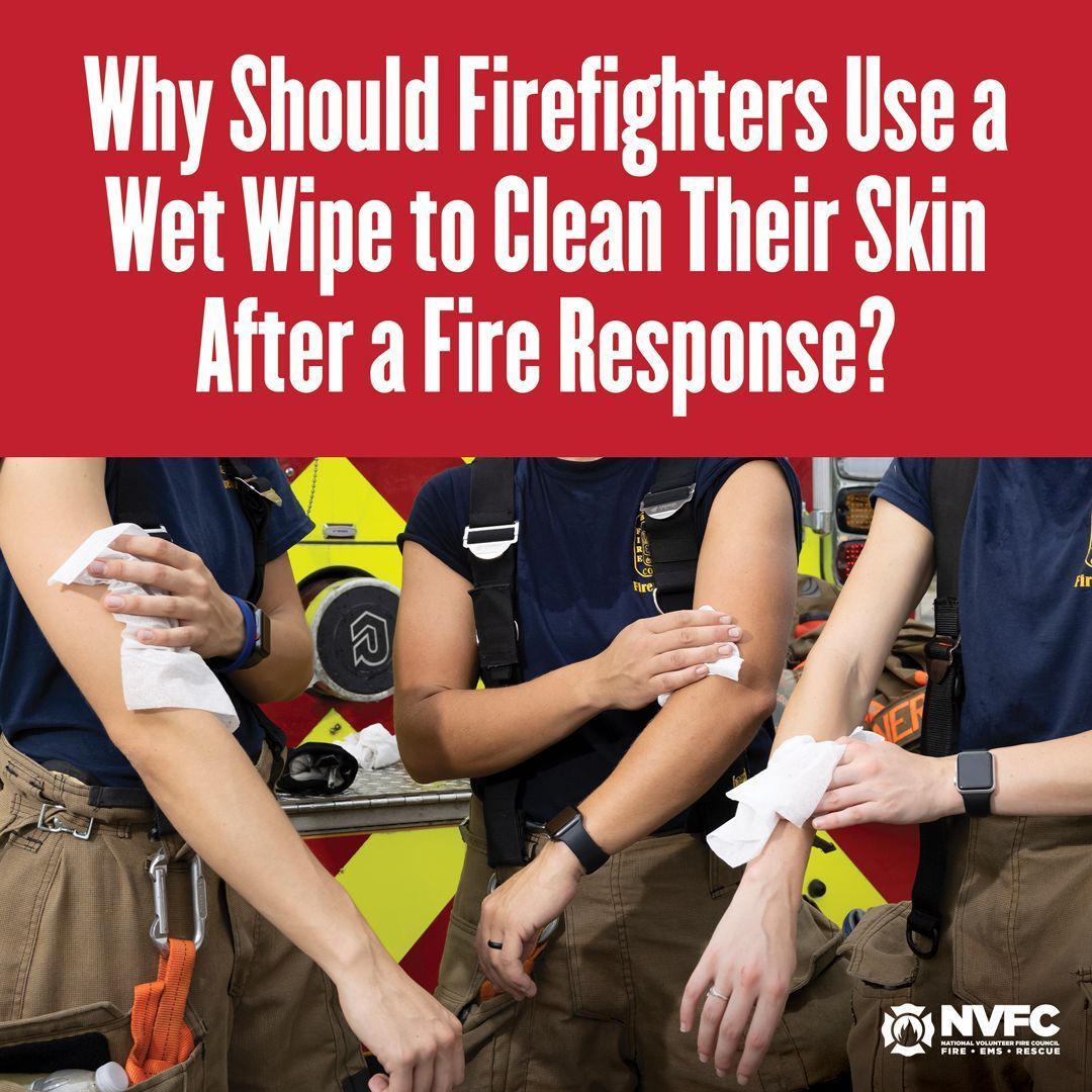 NVFC's tweet image. The neck, face, and hands are highly susceptible to soot exposure, making these the easiest places for fireground substances to meet the skin. Using a wet wipe on-scene after response helps clean these areas of harmful substances. 👉 nvfc.org/lrr.