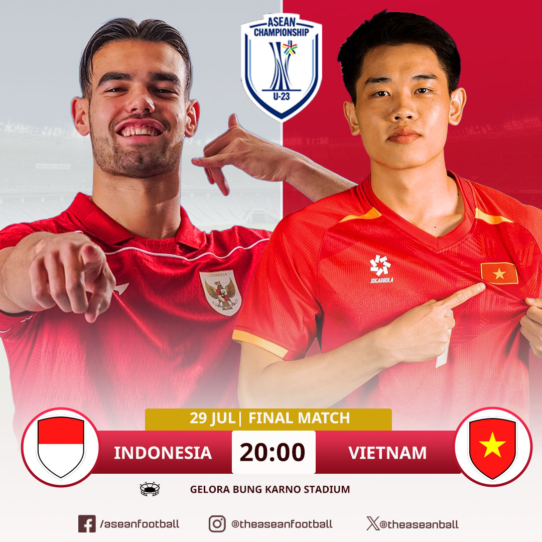 📅ASEAN U23 CHAMPIONSHIP 2025 |🏆Final Match (29/7)

🕓GMT+7
20:00 | Vietnam 🇻🇳 🆚 🇮🇩 Indonesia

#AFFU23 #ASEANU23
