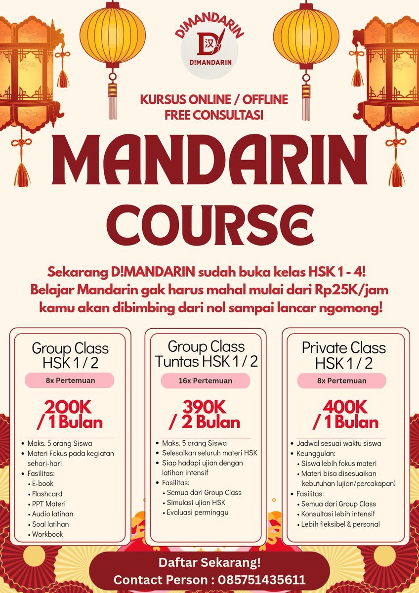 LesDIMandarin's tweet photo. 🎉 Batch 4 D!Mandarin udah dibuka!
  
Buat kamu yang lagi cari kerja, siap magang, atau mau upgrade skill, ini saat yang pas buat belajar Mandarin! 🇨🇳✨
Mulai dari nol, bareng laoshi yang asik, materi gampang dipahami, plus banyak benefit lainnya.  

📌 buruan daftar sekarang🚀 https://t.co/KaFYPHMZMe