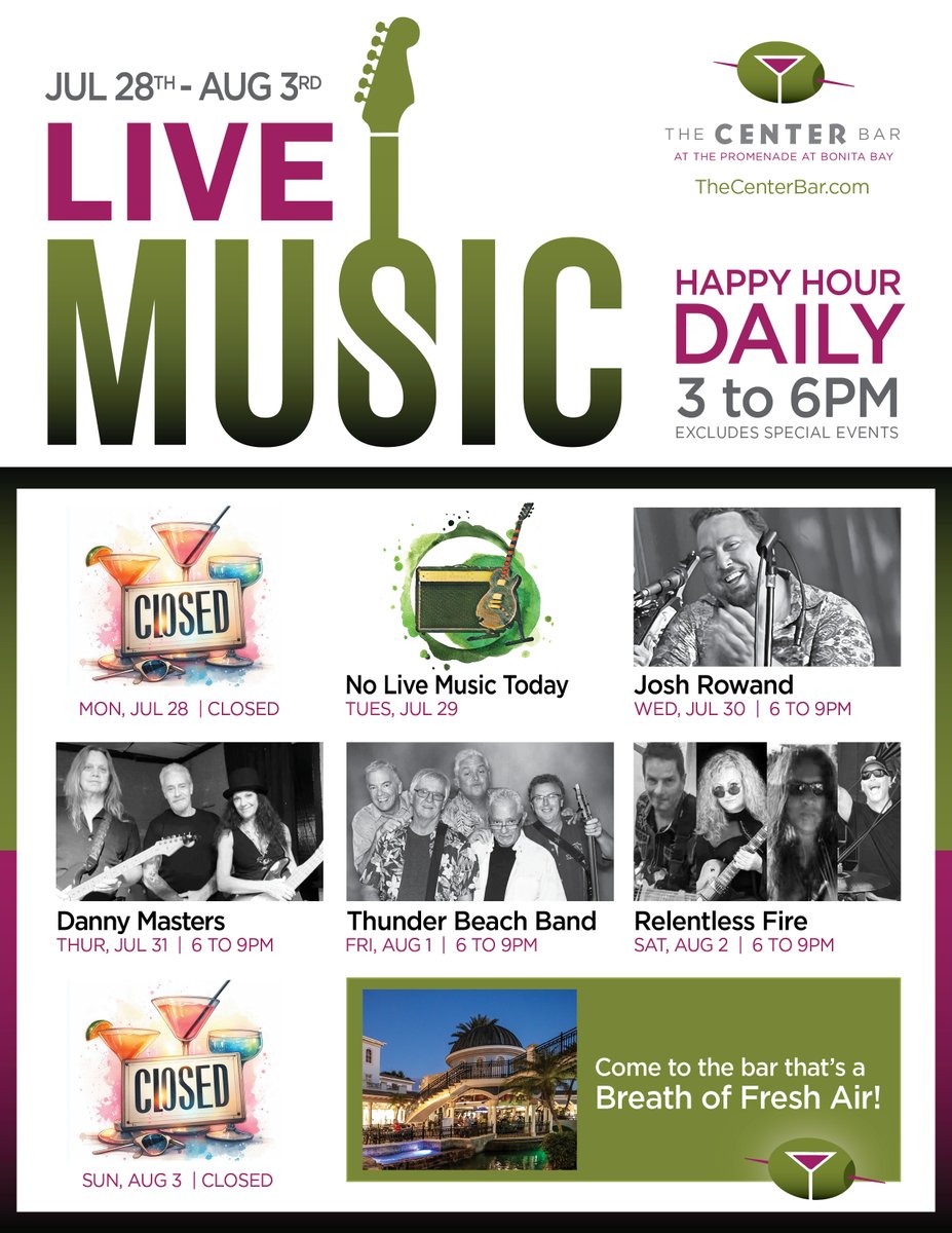 🎶 This Week at The Center Bar 🎶

Live music. Cool drinks. Great company.

Spend your evenings under the lights with the sounds of Bonita Springs’ favorite local musicians. Whether you’re here to sip, sway, or sing along, there’s no better place to relax and enjoy the week.