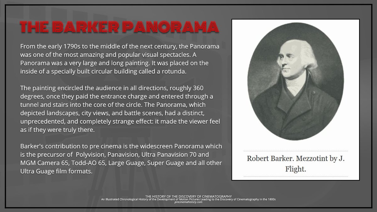 RealPreCinema's tweet image. 1787
THE EMERGENCE OF WIDE SCREEN CINEMA
ROBERT BARKER (1739-1806)
Barker patents a form of entertainment which contained huge painted pictures. It is recorded on the patent as &quot;an entire new contrivance or apparatus called by him &apos;La nature a coup d&apos; Oeil.&apos;