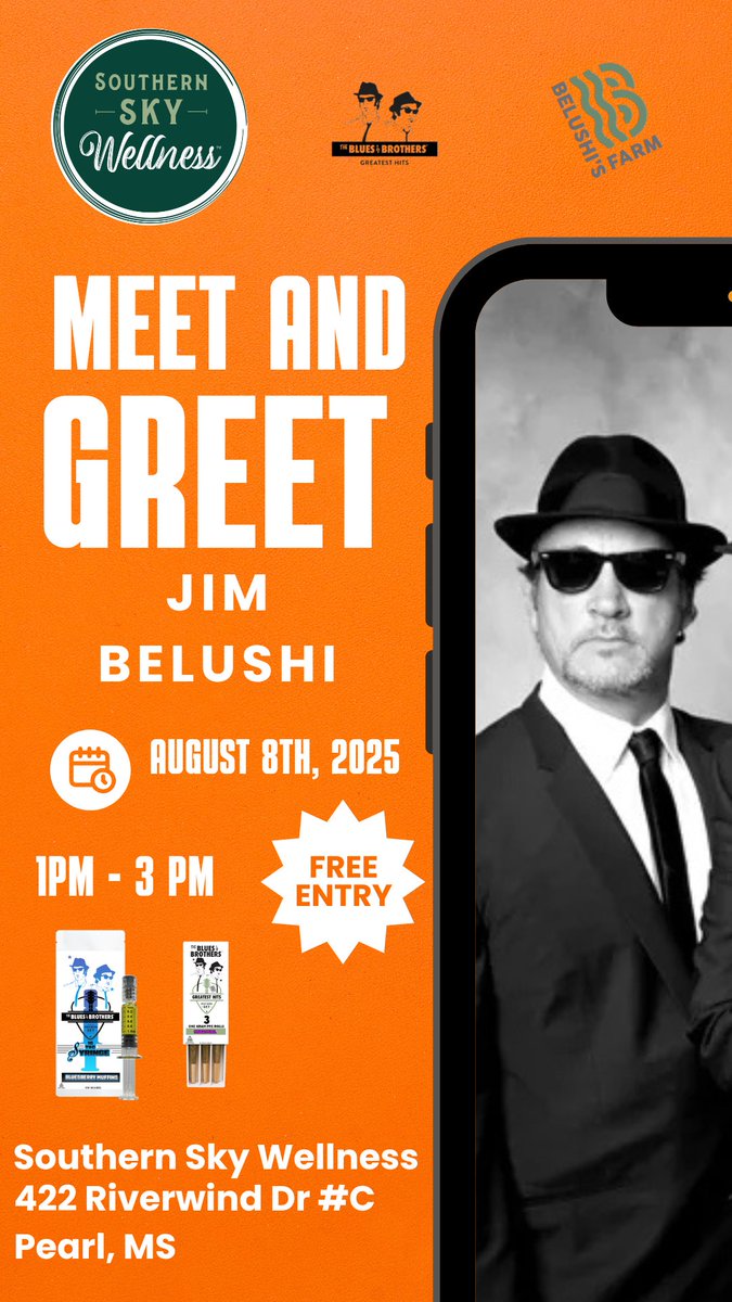 SouthernSkyMS's tweet image. 1-3pm drop by Southern Sky Wellness in #PearlMS for a special meet and greet. This is a free event, but you must have a Mississippi cannabis card.

8pm: Blues Night at Martin’s Downtown featuring Jim Belushi LIVE! Get your tickets now!
vist.ly/3zeme